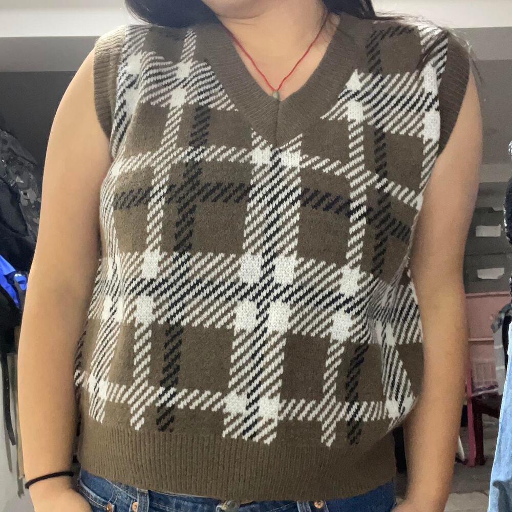 Brown and white plaid sweater
